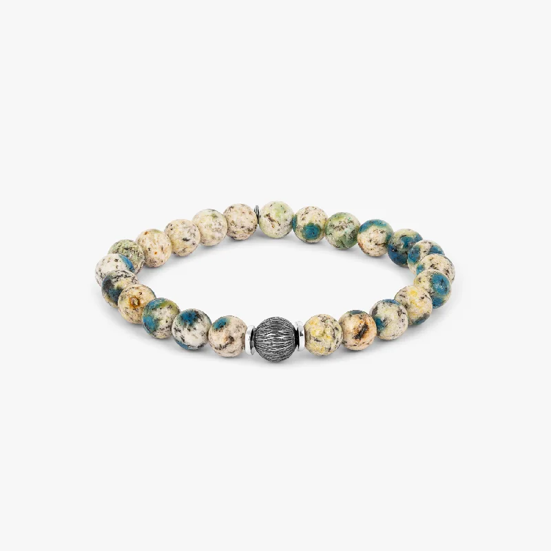 diamond bracelets for women -Lhasa Graffiato Beaded Bracelet in Rhodium Silver with Cream and Blue Azurite