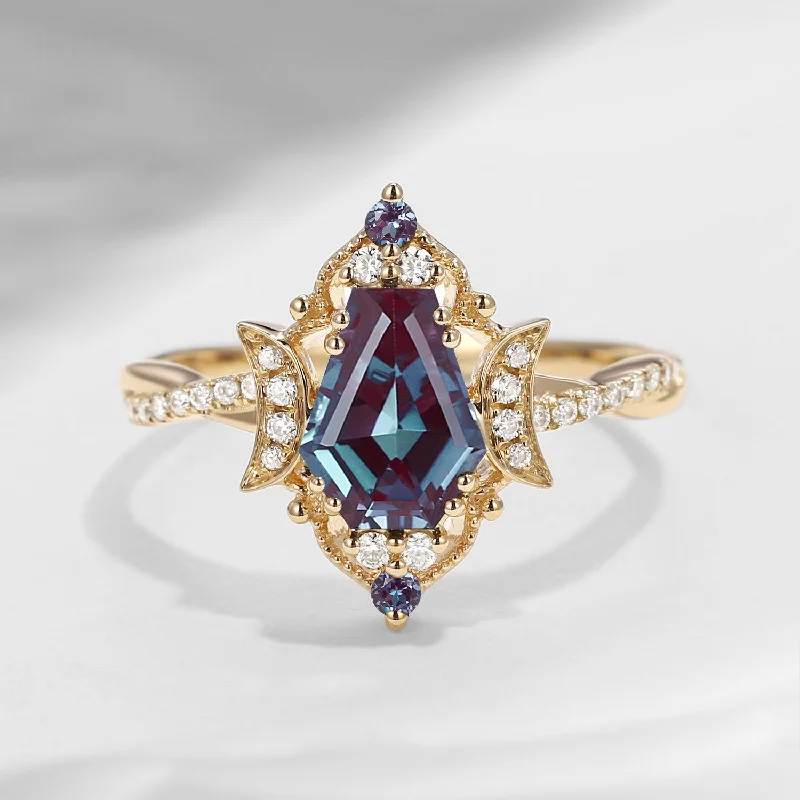 elegant engagement rings -Crescent Moon | Unique Coffin Cut  Lab Alexandrite Engagement Ring