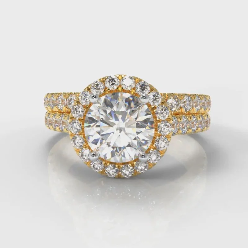 unique rings for women -Micropavé Round Brilliant Cut Diamond Halo Bridal Set - Yellow Gold