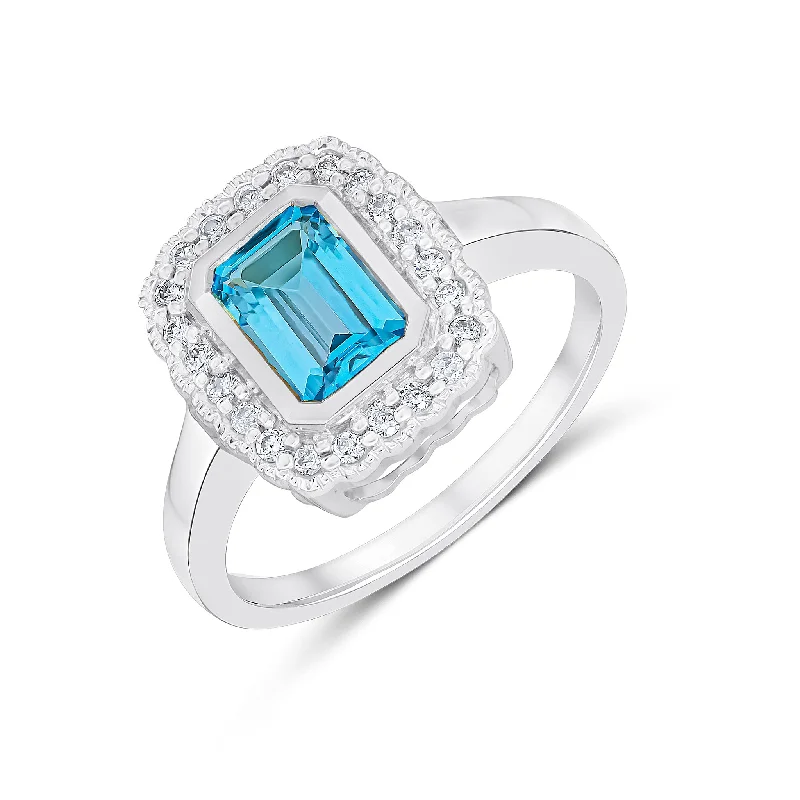 custom silver rings for women -9K White Gold Emerald Cut Blue Topaz & Diamond Halo Ring