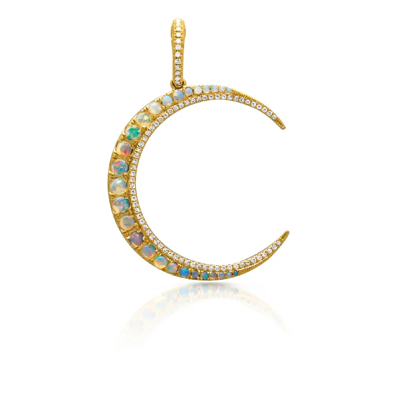 designer necklaces for women -14KT Yellow Gold Opal Diamond Lunar Charm Pendant with Diamond Clip on Bail