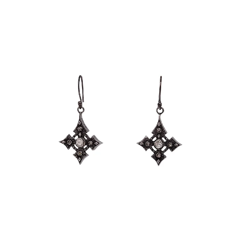 trendy ear climbers for women -Silver and Black Rhodium Raw Diamond Cross Earrings