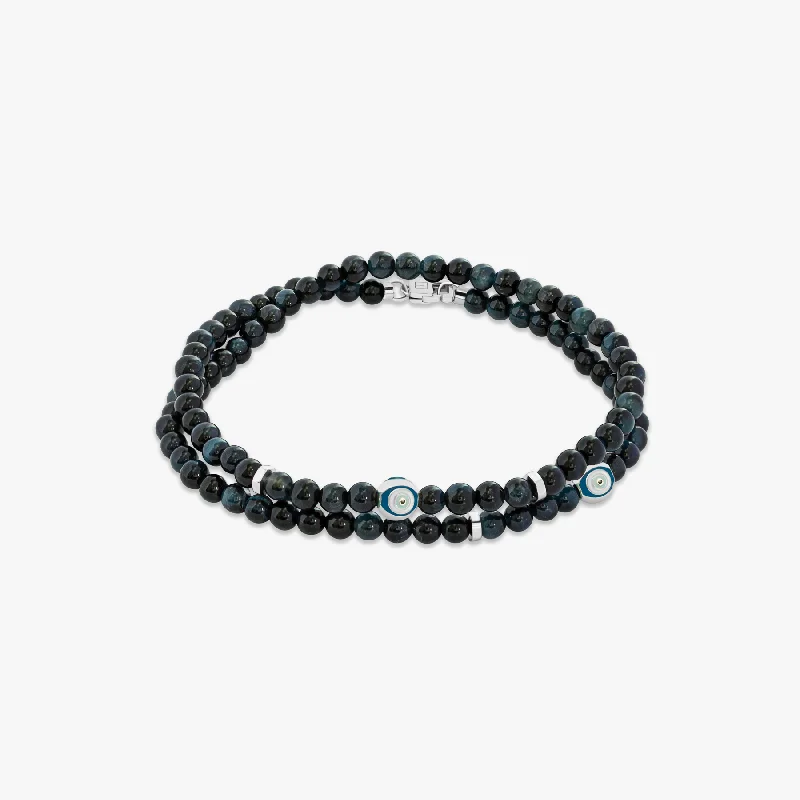 leather bangles for women -Evil Eye Beaded Bracelet In Rhodium Plated Silver with Blue Tiger Eye