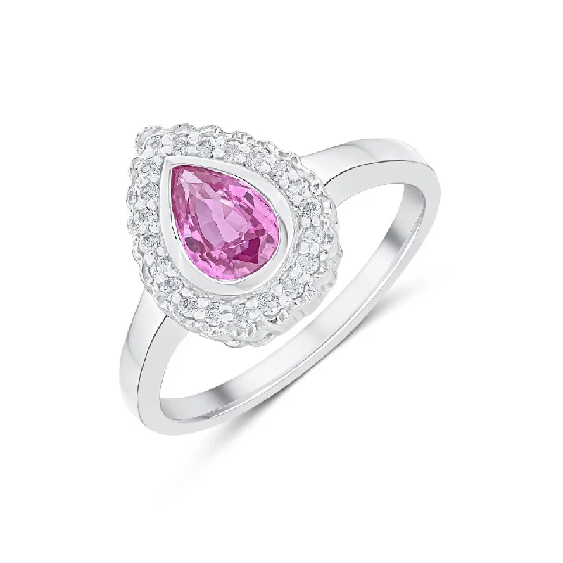 bold statement rings for women -9K White Gold Pink Sapphire & Diamond Halo Ring