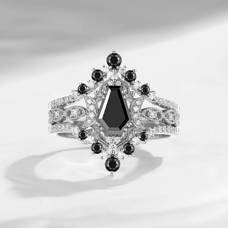 timeless engagement rings for women -Crescent Moon | Till Death Do US Apart Coffin Black Moissanite Crescent Engagement Ring 3pcs