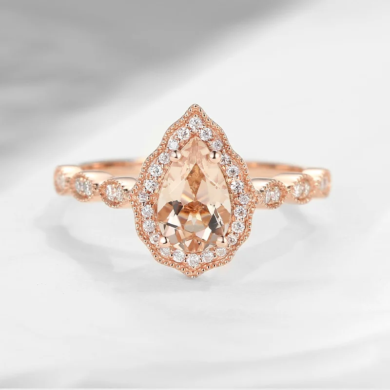 cubic zirconia engagement rings -Pear Shaped Art Deco Morganite Engagement Ring