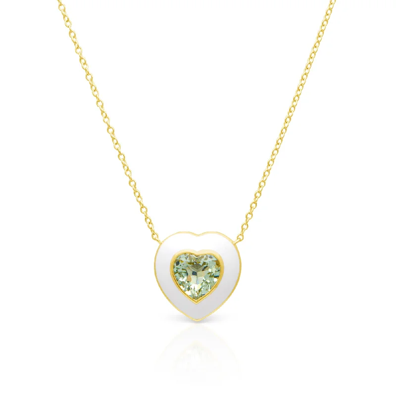 crystal necklaces for women -14KT Yellow Gold Green Amethyst White Enamel Heart Necklace