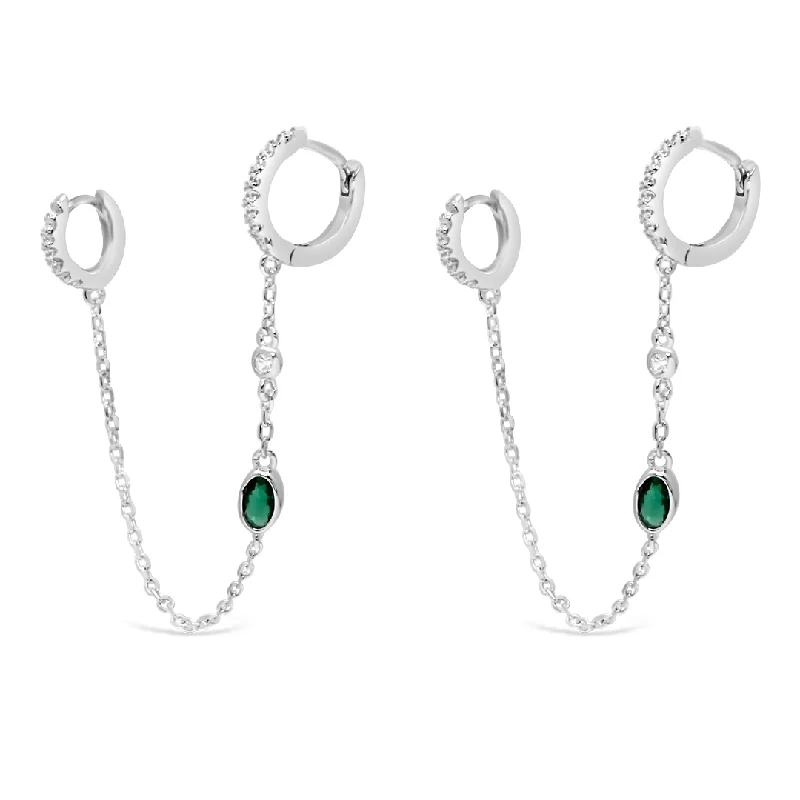 hoop earrings with gemstones -OVAL STONED DOUBLE HOOP SILVER EARRING