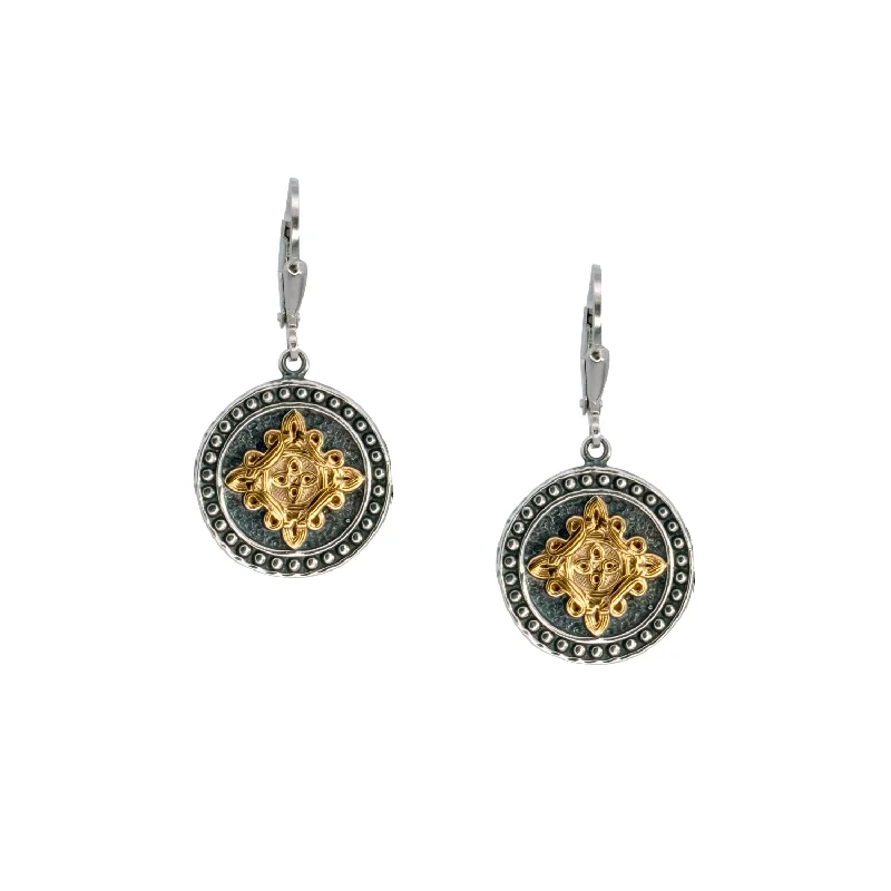 unique earrings for women -Silver with 14k Gold Gilding Medallion Shield Leverback Earrings