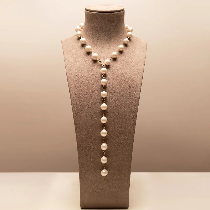 stylish necklaces for women -14KT Yellow Gold Link White Pearl Baroque Lariat Necklace