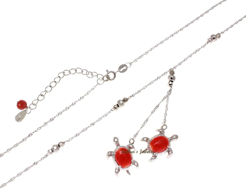 layered necklaces for women -GENUINE RED CORAL HAWAIIAN SEA TURTLE LARIAT NECKLACE 925 STERLING SILVER 18"