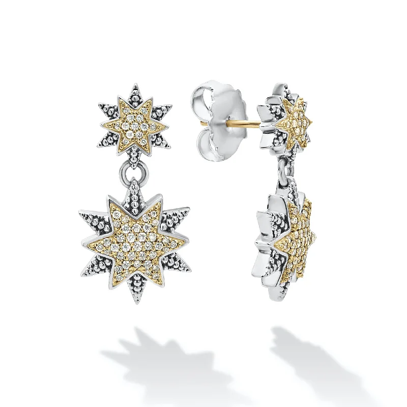 sparkling earrings for women -North Star Two-Tone Star Diamond Drop Earrings