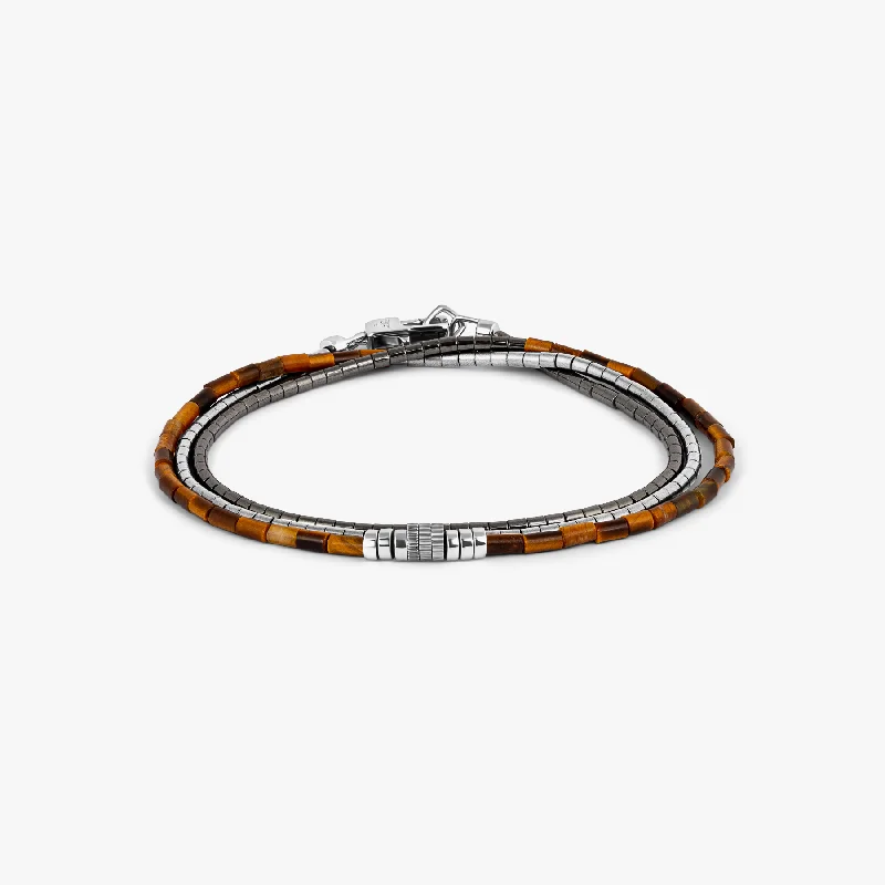 stylish cuffs for women -Navaho Triple Wrap Beaded Bracelet in Rhodium Silver with Tiger Eye and Hematite