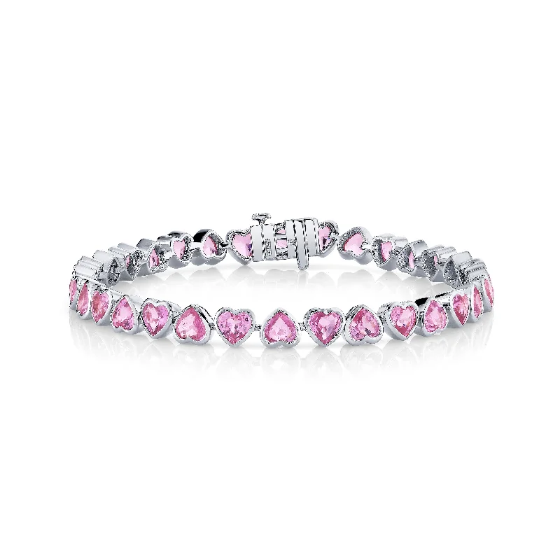 contemporary cuff bracelets for women -READY TO SHIP PINK SAPPHIRE BEZEL HEART TENNIS BRACELET