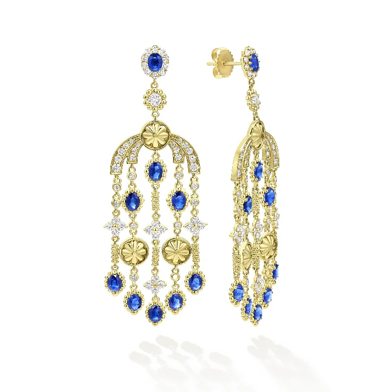 long earrings for women -Studio 18K Gold Blue Sapphire and Diamond Chandelier Earrings