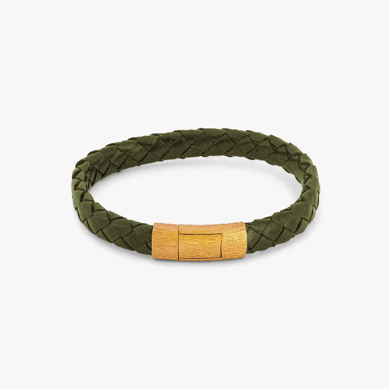 large cuff bangles for women -Graffiato Oval Leather Bracelet in Green with Yellow Gold Plated          