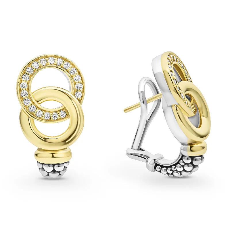 gemstone dangling earrings -Signature Caviar Two-Tone Interlocking Diamond Omega Clip Earrings