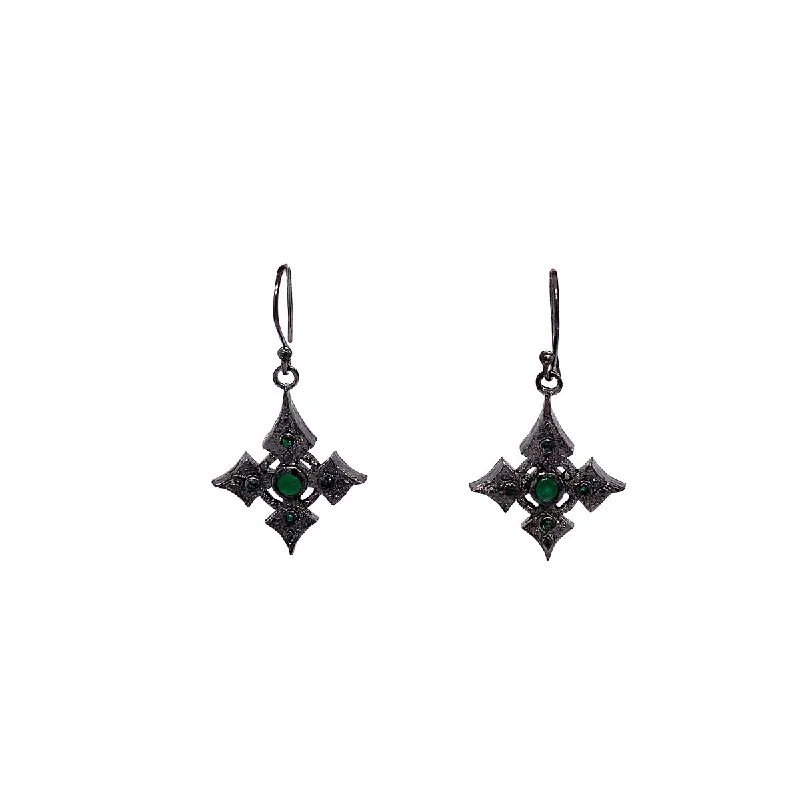 fashionable drop earrings -Raw Diamond Collection -  Silver and Black Rhodium Cross Earrings - Emerald