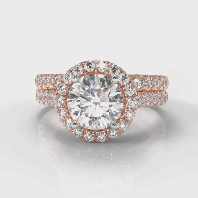 elegant rings for women -Micropavé Round Brilliant Cut Diamond Halo Bridal Set - Rose Gold