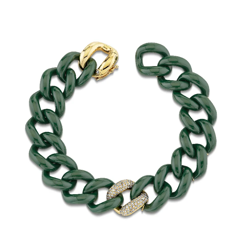 stunning gold bangles for women -DIAMOND SINGLE PAVE GREEN CERAMIC JUMBO LINK BRACELET