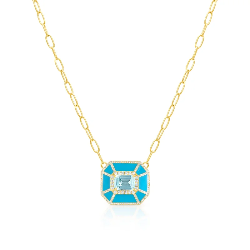 stylish chain necklaces for women -14KT Yellow Gold Blue Topaz Turquoise Enamel Diamond Deco Necklace