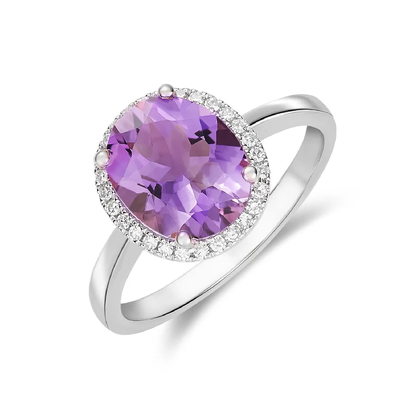 statement gemstone rings -9K White Gold Amethyst & Diamond Halo Ring