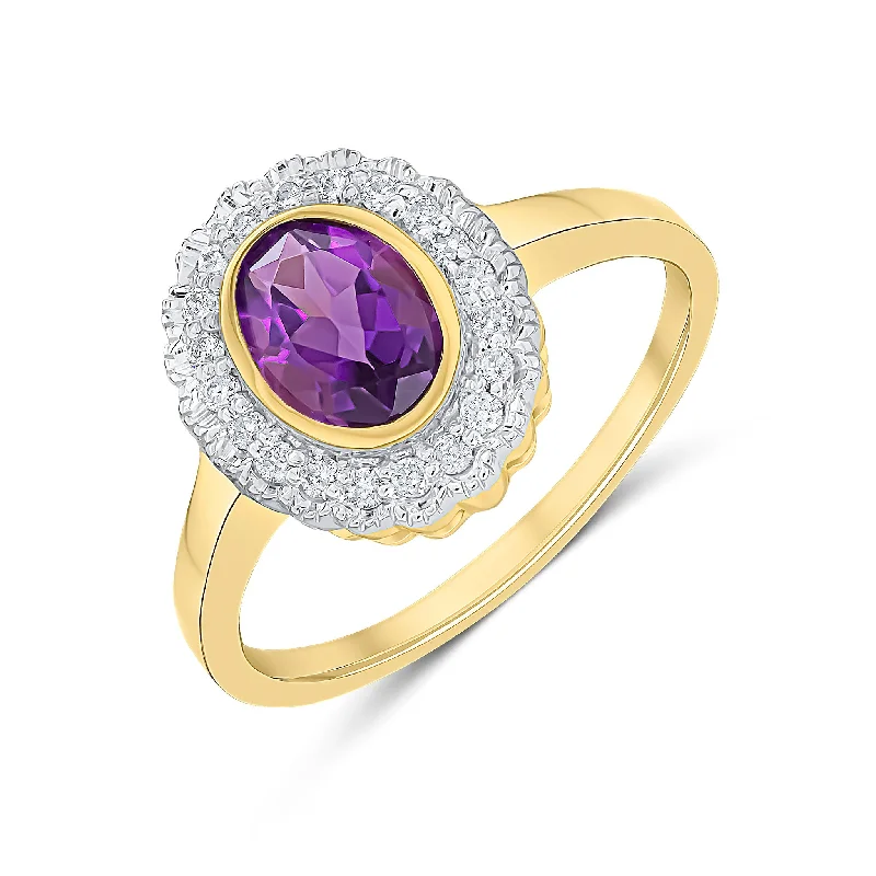 bridal rings for women -9K Yellow Gold Amethyst & Diamond Halo Ring