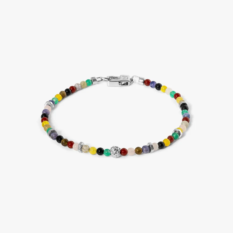 engraved bangles for women -Nodo Semi-Precious Bracelet In Rhodium Plated Silver With Multicolour Beads