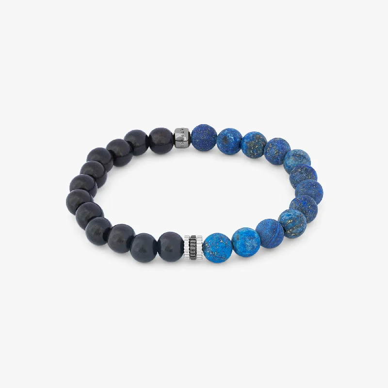 wide bangles for women -Gear Trio Beaded Bracelet In Rodium Plated Silver With Ebony Wood & Blue Lapis