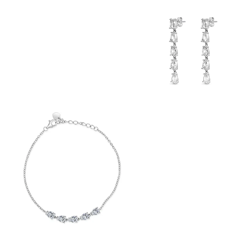 cute earrings for women -LINE OF PEARS BRACELET & STUD EARRING HALF SILVER SET