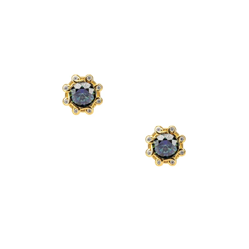 bridal earrings for women -Silver and 23k Gilding Celestial Earrings - Mystic Blue Moissanite