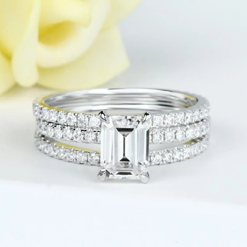 fancy cut engagement rings -14k White Gold 2.0 Ct Emerald Cut Diamond Hidden Halo Engagement Ring Set