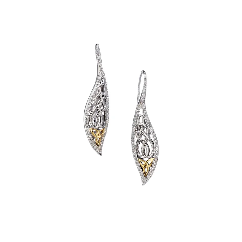 vintage-inspired earrings for women -Silver Rhodium and 10k Yellow Gold Barked Leaf Hook Earrings